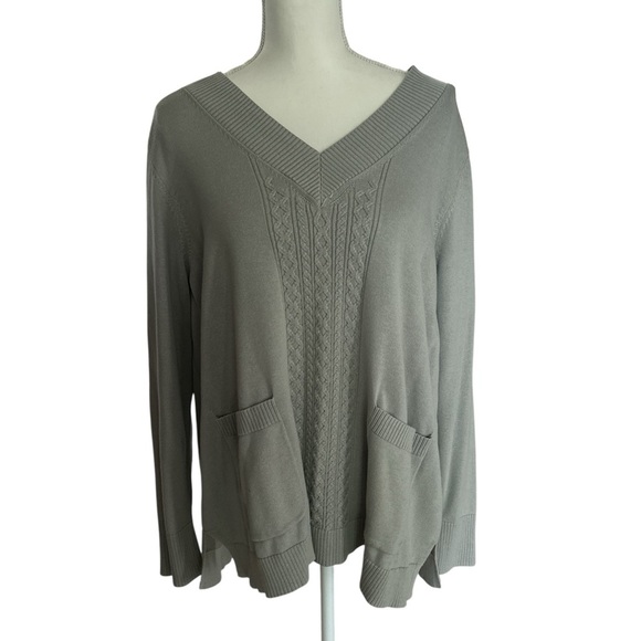 Isaac Mizrahi V-Neck Cable Knit Sweater - Pink and Gray Set of Two - Picture 2 of 5